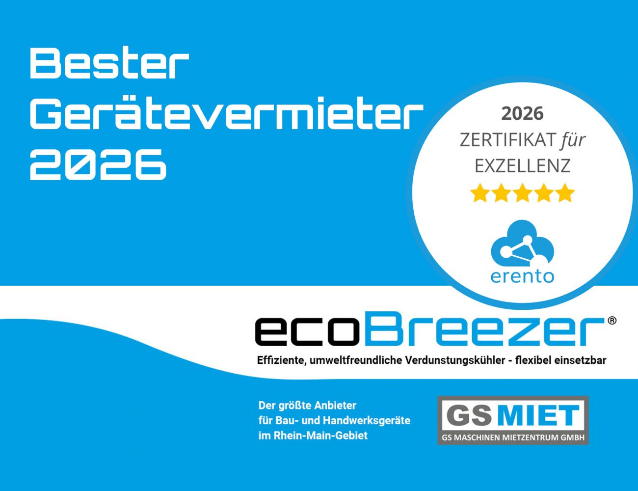Auch 2026 werden wir wieder mit dem Erento-Zertifikat "Exzellenz 2026" als bester Gerätevermieter 2026 ausgezeichnet!
