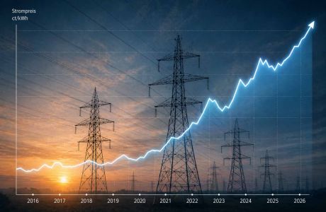 Steigende Industriestrompreise von 2016 bis 2026 visualisiert mit Strommasten und ansteigender Kurve